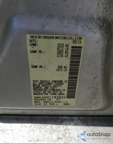 2015 Nissan Altima 2.5 from USA, damaged, VIN 1N4AL3APXFC183932